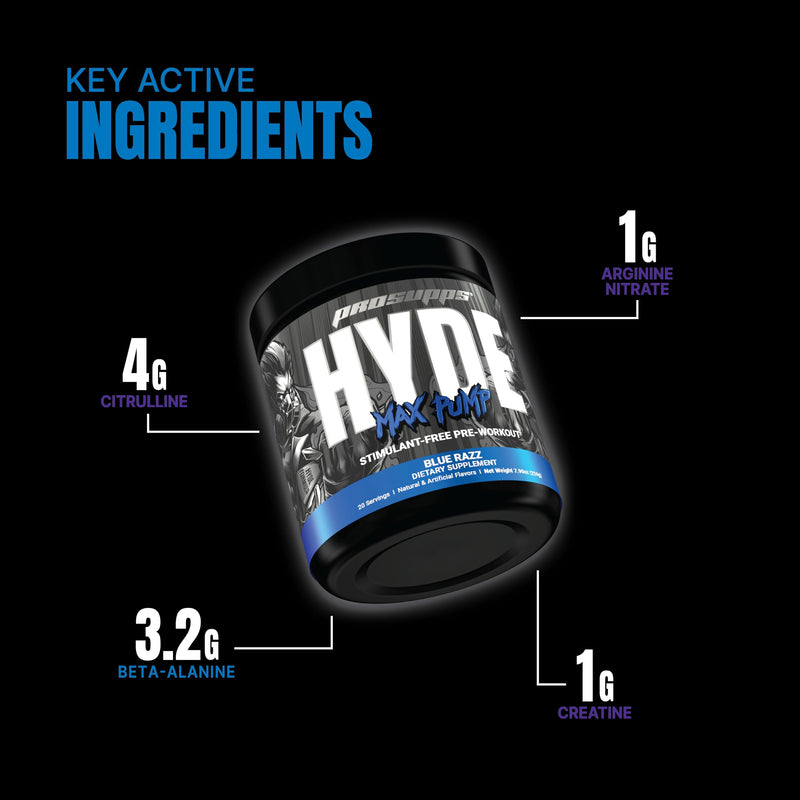 [Australia] - PROSUPPS Hyde Max Pump Pre Workout for Men and Women - Nitric Oxide Supplement for Pump and Endurance - Stimulant Free Pre Workout to Promote Blood Flow and Muscle Strength (Blue Razz, 20 Servings) 