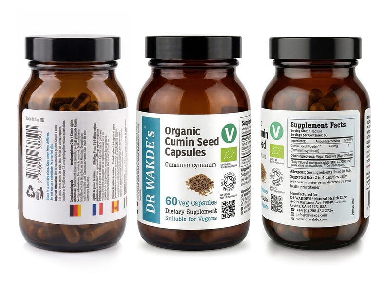 DR WAKDEs Organic Cumin Seed Capsules I 60 Veg Capsules I Herbal Supplement I Vegan Friendly I Ayurveda
