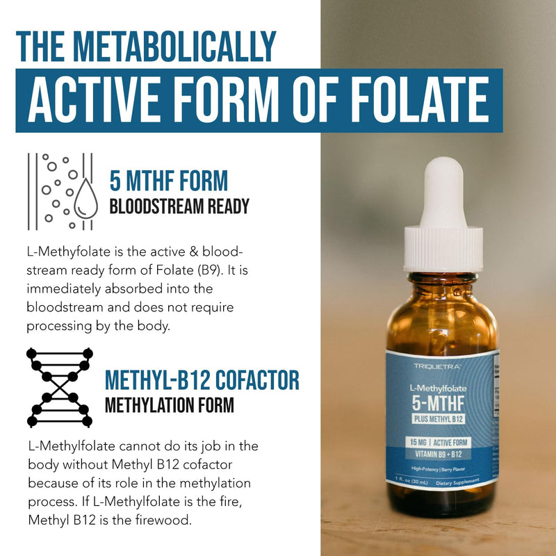 L Methyl Folate 15mg Plus Methyl B12 Cofactor – Organic Berry Flavor, High Potency Liquid Sublingual Active 5-MTHF Form - Supports Mood, Methylation, Cognition – Bioactive Forms Vitamin B9 & B12 (1oz) Drop 1 Fl Oz (Pack of 1)