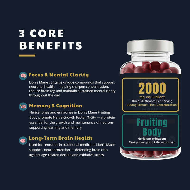 Good Man Lion’s Mane Gummies | High Strength Mushroom Supplement for Focus & Mental Clarity | 2000mg per Serving | Natural Berry Flavour | Vegans | 60 Gummies | UK Manufactured