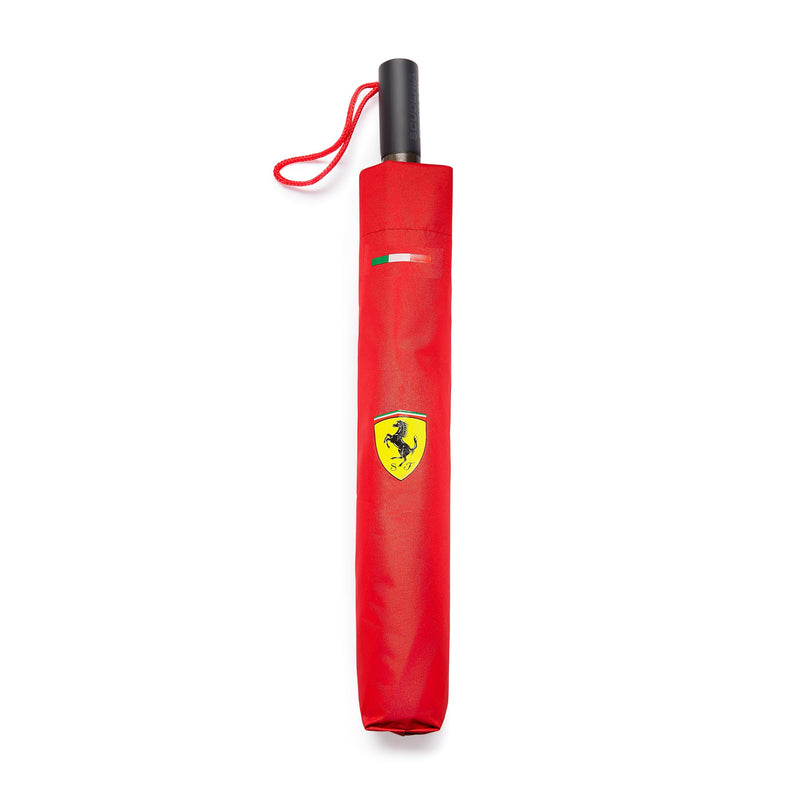 Fuel For Fans Scuderia Ferrari Compact Umbrella Red - Size Open: 41 Inches | Carry strap, Scudetto shield logos, Italian flag stripes, Tonal chequered flag print