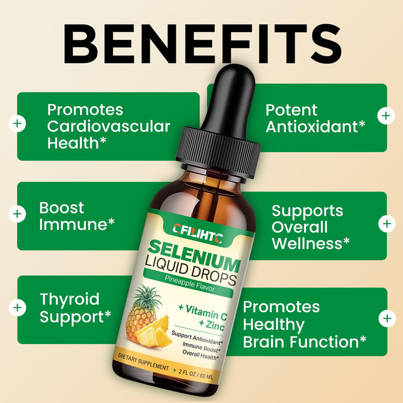 [Australia] - Selenium Liquid Drops, 200mcg Liquid Selenium Supplement with Vitamin C & Zinc, Support for Immune System, Antioxidant & Heart Health, High Absorption, Pineapple Flavor, 2 Fl Oz Pineapple-200mcg Selenium 2 Fl Oz (Pack of 1) 