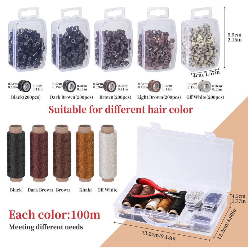 [Australia] - Hair Extension Tools Kit, 5 Colors 1000Pcs Micro Silicone Rings Beads with Hair Extension Remove Pliers, Pulling Hook, Threads, Needle for Hair Extensions Hair Styling 