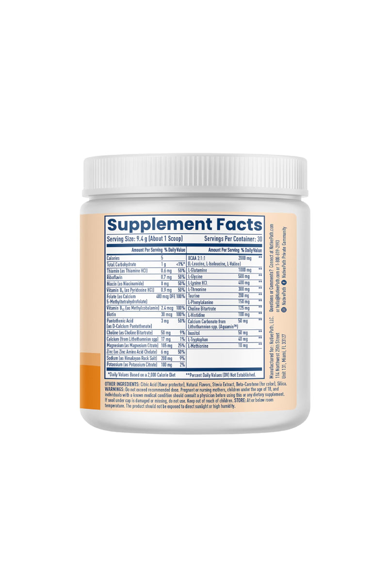 NativePath Hydrate Electrolyte Powder, Tangerine, 30 Servings | 14 Vitamins & Minerals, 9 Aminos & 2000mg BCAAs, Zero Sugar, Supports Hydration & Recovery, Stevia, Keto 9.95 Ounce (Pack of 1)