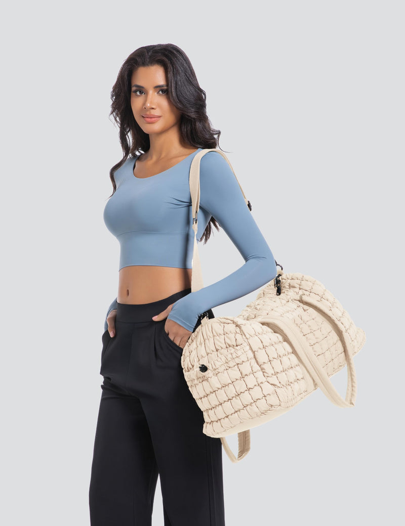 Quilted Travel Duffle Bag Puffer Weekender Bag & Quilted Makeup Bag Puffy Cosmetic Bag Cute for Women Girls