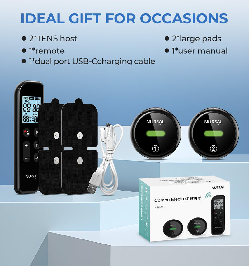 [Australia] - NURSAL Wireless TENS Unit Muscle Stimulator, Dual Host TENS EMS Machine for Pain Relief, 18 Modes 20 Intensity Remote Control Pulse Physical Electrotherapy for Back Shoulder Pain (2 Pads) Black 