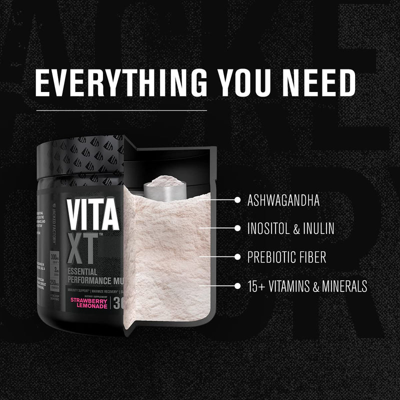 Jacked Factory Vita XT Performance Vitamin Powder - Daily Multivitamin Powder for Men with KSM-66 Ashwagandha, Prebiotic Fiber, Vitamin A, C, D, K, B6, B12, & More - Fruit Punch, 30Sv
