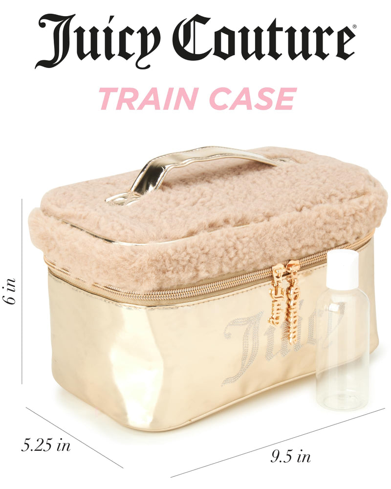 Juicy Couture Shiny Rhinestones Faux Shearling Gold Makeup Bag Cosmetics Organizer Travel Essentials Set