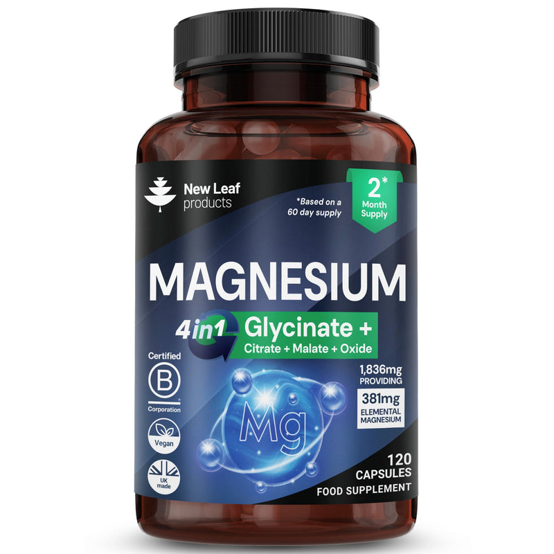 Magnesium Glycinate 4-in-1 Complex 1836mg – 381mg Elemental Per Serving – High-Strength Magnesium with Bisglycinate, Citrate, Malate, Oxide – 120 Vegan Capsules – UK Manufactured by New Leaf 120 count (Pack of 1)