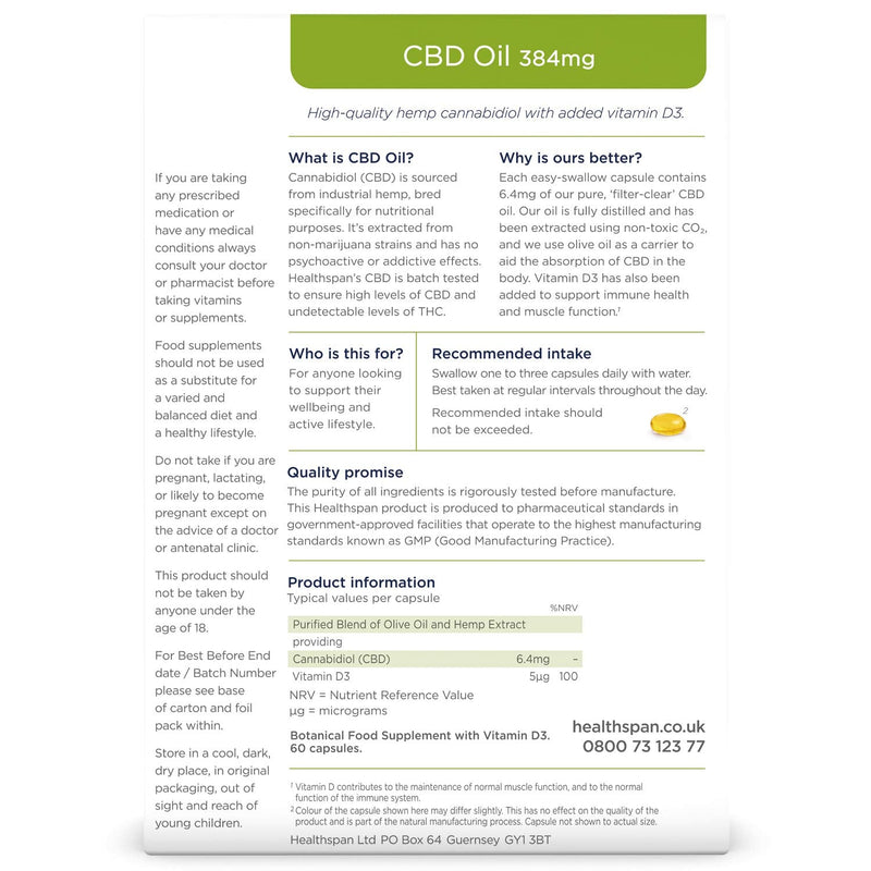 Healthspan CBD Oil Capsules 384mg (60 Capsules) | 6.4mg Pure CBD Oil Capsules | 384mg CBD per Pack | Enriched with Vitamin D
