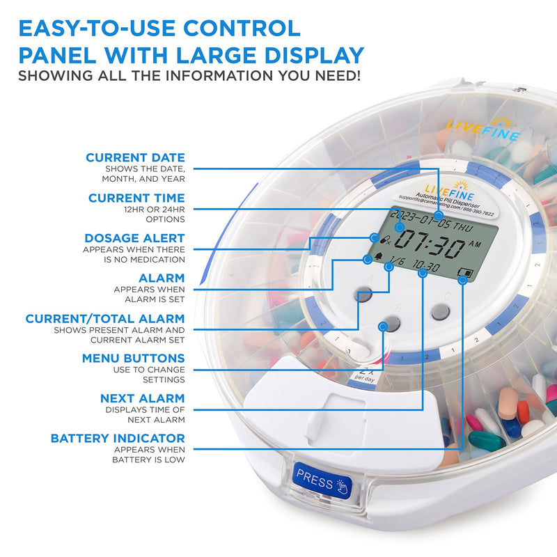 LiveFine Automatic Pill Dispenser with 28-Day Electronic Medication Organizer, 6 Dosage Rings, LCD Display with Sound & Light Alerts, Key & Magnifying Glass for Prescriptions, Vitamins & Supplements Clear Lid