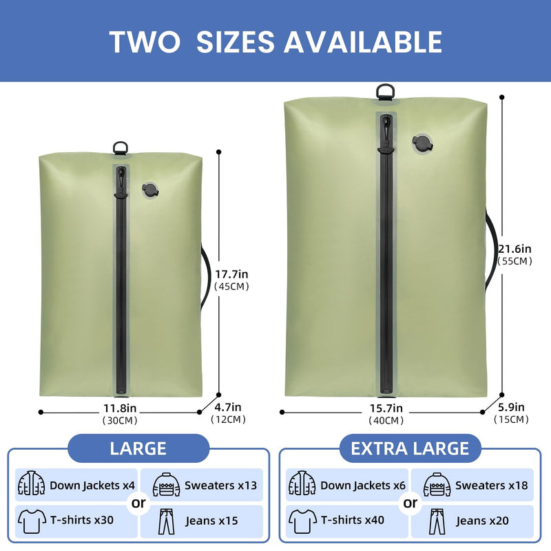 BAGAIL TPU Vacuum Bag for Travel, Reusable Compression Bag with IPX8 Waterproof Zipper, Save Space for Suitcase, Backpack and Carry on (Olive Green, ExtraLarge, With Pump) Olive Green