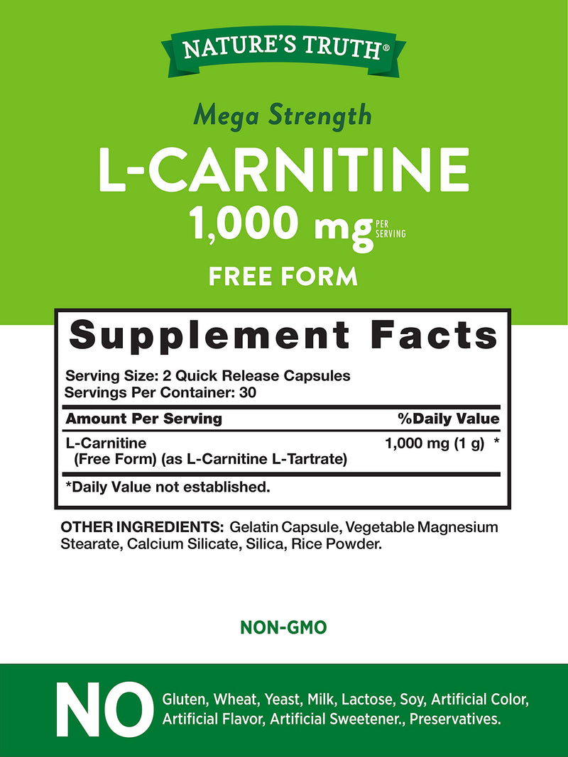 [Australia] - L Carnitine 1000mg | 60 Capsules | Mega Strength | Free Form | Non-GMO & Gluten Free Supplement | by Nature's Truth 