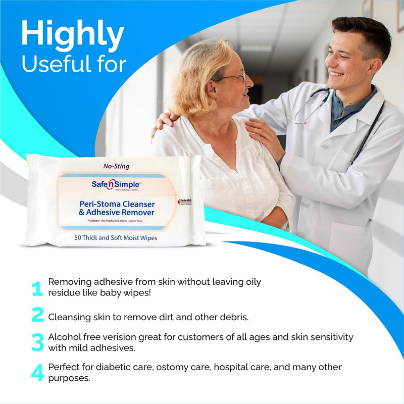 [Australia] - Safe n' Simple Adhesive Remover Wipes - 50 Large No-Sting Skin Prep Wipes Medical Skin Adhesive Remover - Adhesive Removing Wipes for Skin - Non-Alcohol 50 Count (Pack of 1) Alcohol-Free (Resealable) 