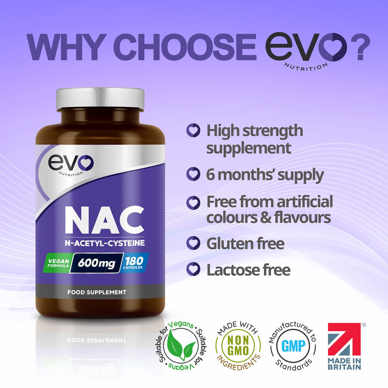 NAC N-Acetyl-Cysteine Supplements 180 Capsules | High Strength 600mg | Antioxidant to Support Body Function | Amino Acid Nutritional Supplement | Bioavailable, Vegan, UK Made, 6 Months | EVO NUTRITION