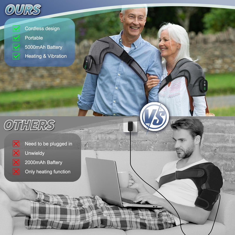 Cordless Heated Shoulder Brace with Vibration, 3 Heat & Massage Settings, Shoulder Heating Pad for Pain Relief, Adjustable Shoulder Warmer for Men and Women(Grey)