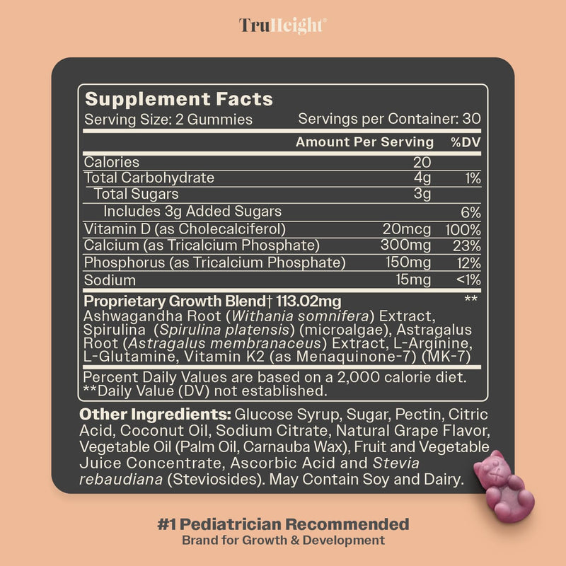 TruHeight Growth Gummies (Grape) Tall Nutrition for Natural Growth Supplement for Kids & Teens - Vitamin D, K, Calcium & Ashwagandha, Bone Strength Vitamins D3 K2, Picky Eater, Taller Ages 5+ 60 Count (Pack of 1) Grape