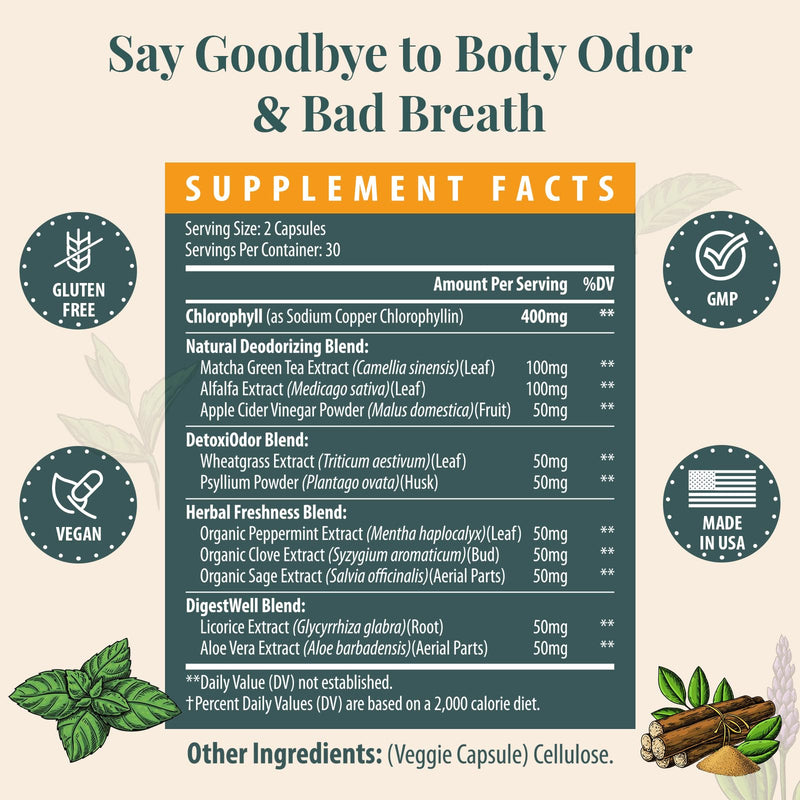 [Australia] - Women's Body Deodorizing Supplement ‚Äì Chlorophyll Capsules for Body Odor, Fresh Breath & Gut Detox, for Social Confidence ‚Äì Vegan with Matcha Green Tea, Apple Cider Vinegar (60 Caps) 60 Count (Pack of 1) 