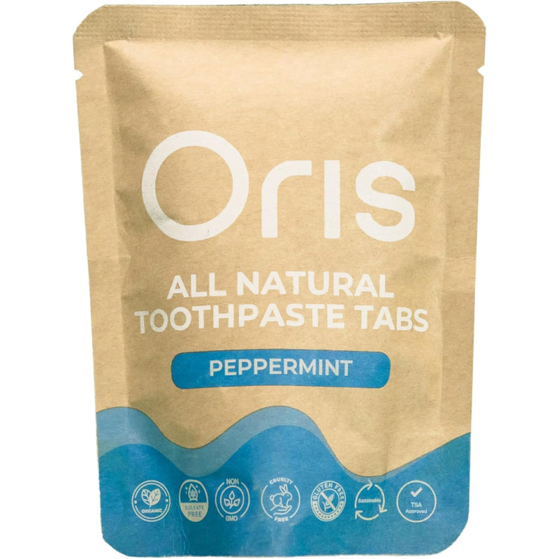 Oris Natural Toothpaste Tabs - Bite Toothpaste Tablets for Sensitive Teeth, TSA-Approved Plastic-Free & Kid-Friendly Zero Waste Travel Tabs - 62ct (Peppermint) Peppermint 62 Count (Pack of 1)
