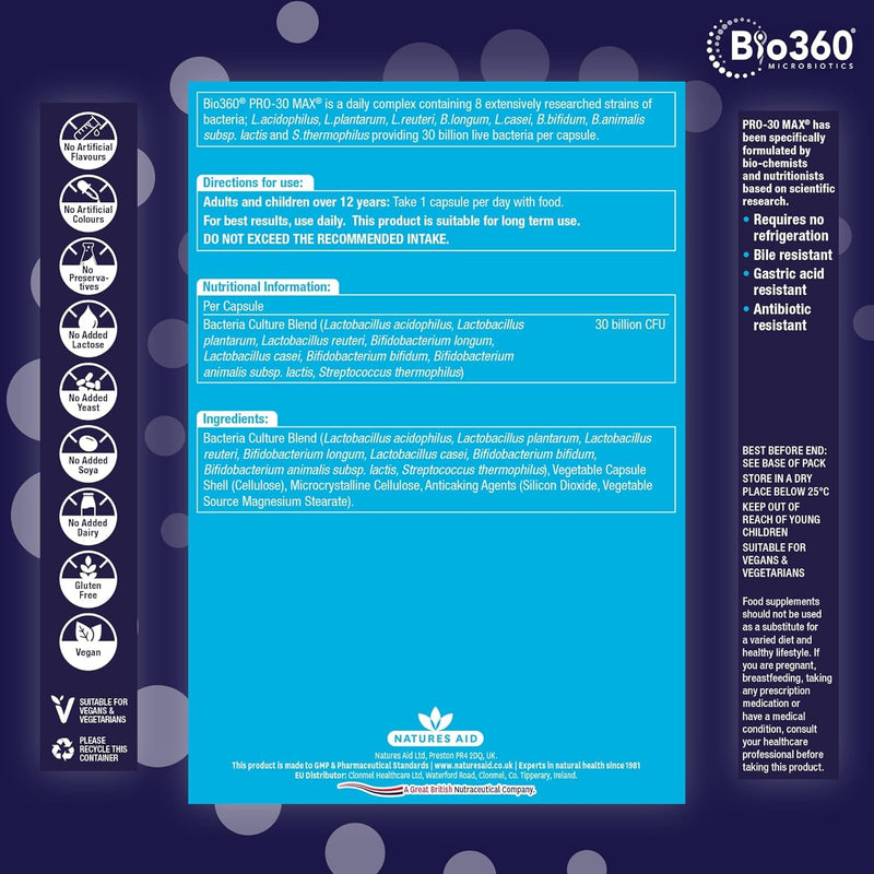 Natures Aid Bio360 Pro-30 MAX (30 Billion Bacteria), 30 Capsules (Pack of 5), 148.0 g | 30 Billion Bacteria, 30 Capsules per Pack, 150 Capsules Total