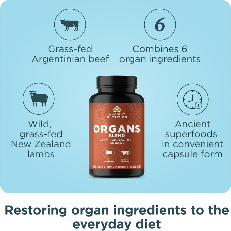 [Australia] - Ancient Nutrition Organ Supplements, Grass-Fed and Wild Organ Complex Capsules, Liver, Heart, Kidney Supports Organ, Cognitive, and Immune System Health, 180 Ct Organs Blend 
