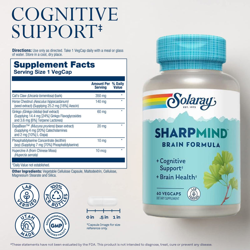 [Australia] - SOLARAY SharpMind, Cognitive Support Formula with Ginkgo Leaf, L-Dopa, Huperzine A & More for Healthy Brain, Mood & Memory Support 60 VegCaps 60 Count (Pack of 1) 