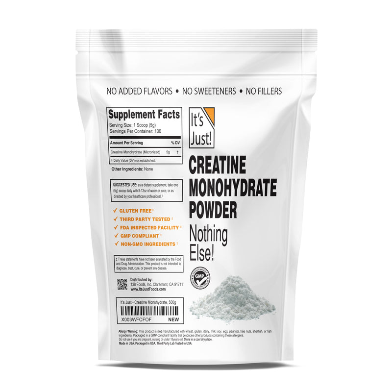 [Australia] - It's Just! - Creatine Monohydrate Powder, Pure Creatine Powder, Made in USA, 3rd Party Lab Tested, 5g Per Serving, Scoop Included, No Fillers, No Added Flavor (Unflavored, 500g / 100 Servings) Unflavored 100 Servings (Pack of 1) 