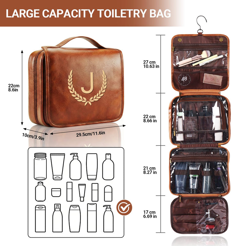 OXYEFEI Personalized Hanging Travel Toiletry Bag Gift for Men,Engraved Initial PU Leather Mens Large Toiletry Travel Essential Organizer Dopp Kit Shaving Bag for Him Birthday (M, Light Brown) M
