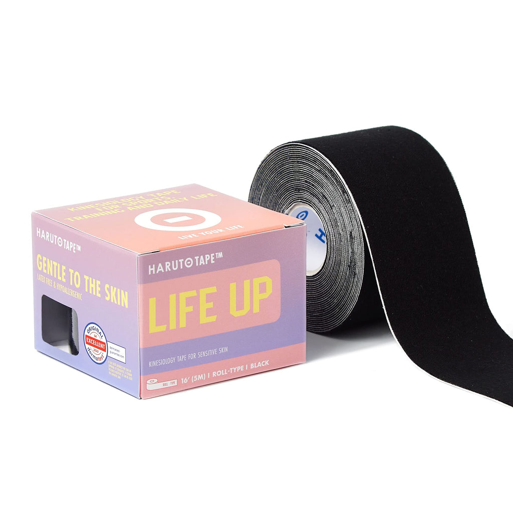 Haruto Life UP Extra Sensitive Kinesiology Tape for Daily Use, Dermatologically Tested Latex Free for Ultra Sensitive Skin, Injury, Pregnant Women, Office Worker, Children (Roll Type, Black) Roll Type