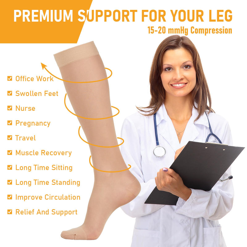 [Australia] - 2 Pairs Sheer Compression Socks for Women - 15-20 mmHg Knee High Sheer Compression Stockings for Support Circulation Swelling Edema Work Office Travel, Beige, Medium 