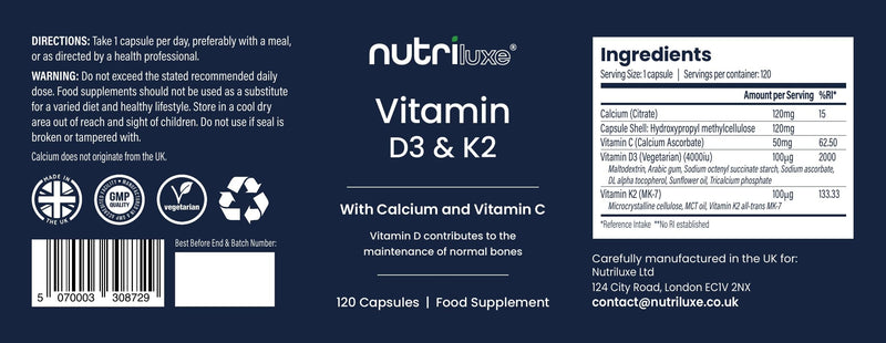 Vitamin D3 4000 IU & K2 with Calcium & Vitamin C, 120 Capsules