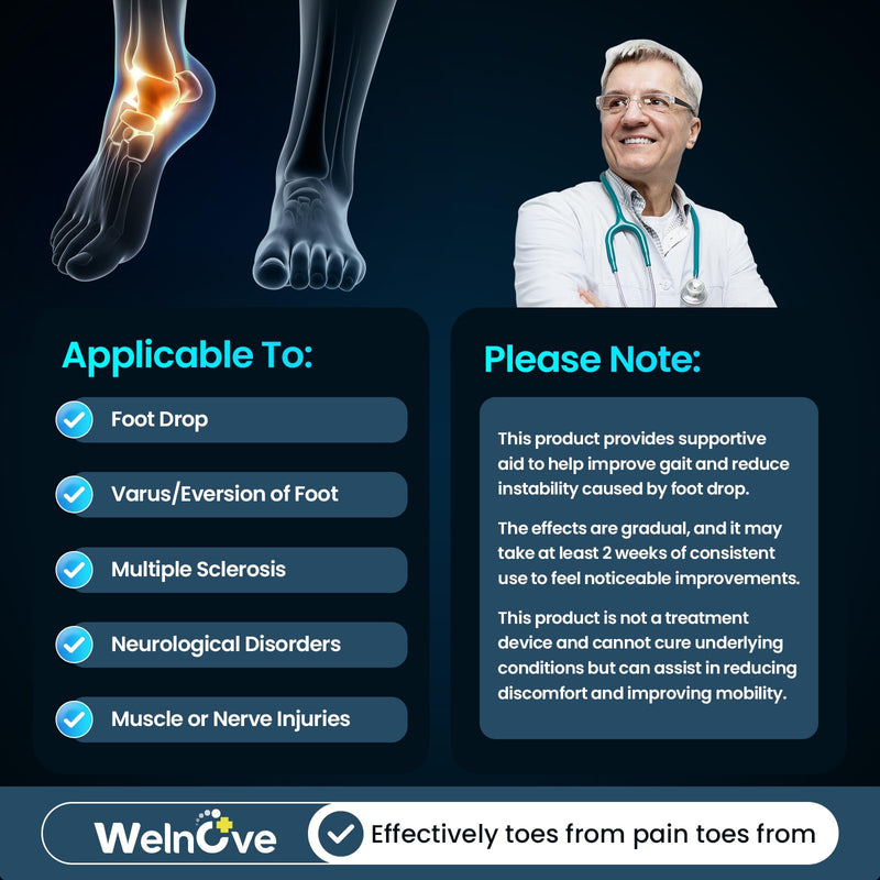 Welnove 2 Pack Drop Foot Brace with Arch Support，AFO Ankle Brace for Walking ，Relieve The Instability of Lower Limbs by Foot Drop, MS, Spinal Cord Injury (Include Left and Right, FSA HSA Eligible) one_size Black