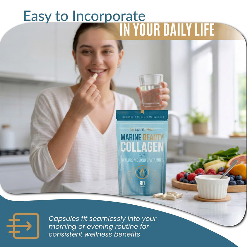 Marine Beauty Collagen with Hyaluronic Acid and Vitamin C | Skin Hydration, Elasticity, Anti-Ageing | Premium Quality Marine Type 1 Hydrolysed Complex | UK Certified | No Nasties | SPIRIT VITALE