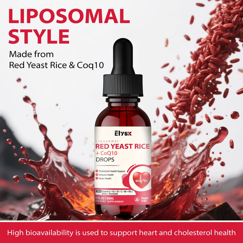 [Australia] - Liposomal Red Yeast Rice with Coq10 Liquid Drops, Red Rice Yeast for Cholesterol Health, Immune & Heart Support, with Biotin, Bromelain & Vitamins, 2 FL OZ 