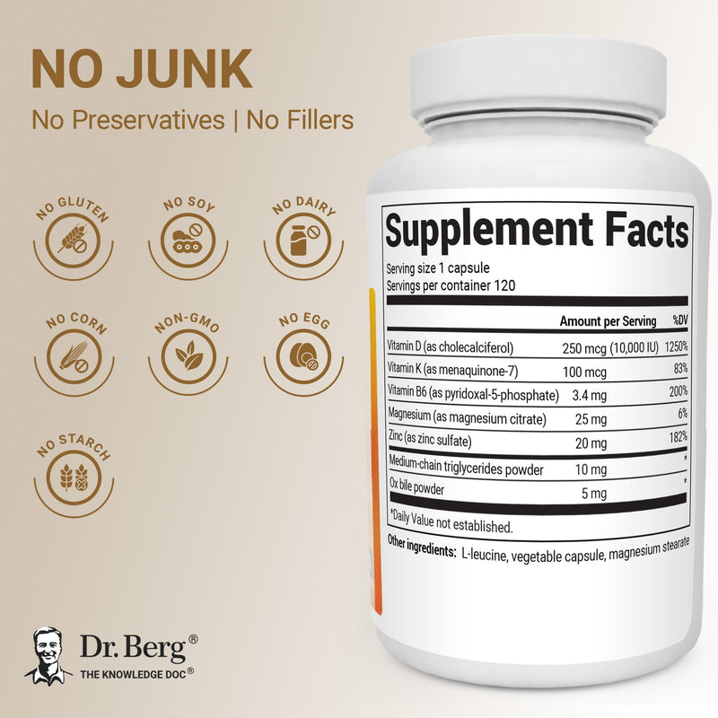 Dr. Berg Maximum Strength 7-in-1 Vitamin D3 K2 10,000 IU | Naturally Derived D3 | 4X Lab-Tested & Verified | High Absorption Formula | K2 D3 Vitamin Supplement | 120 Capsules 120 Count (Pack of 1)