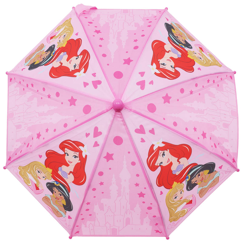 Disney Princess Kids Umbrella, Pink | Ariel Jasmine and Aurora Rain with Castle Print and Curved Handle