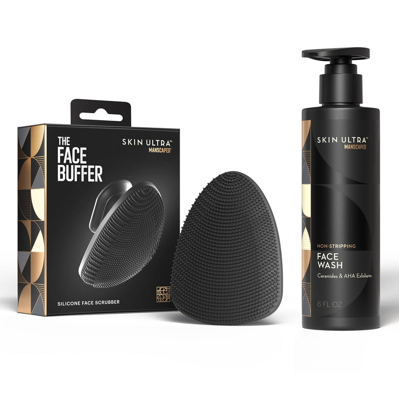 MANSCAPED® Face Buffer & Skin Ultra™ Face Wash – Men's Silicone Facial Scrubber & Exfoliating Facial Cleanser with Ceramides & AHA Complex for Deep Cleansing, Hydrated, Smooth Skin