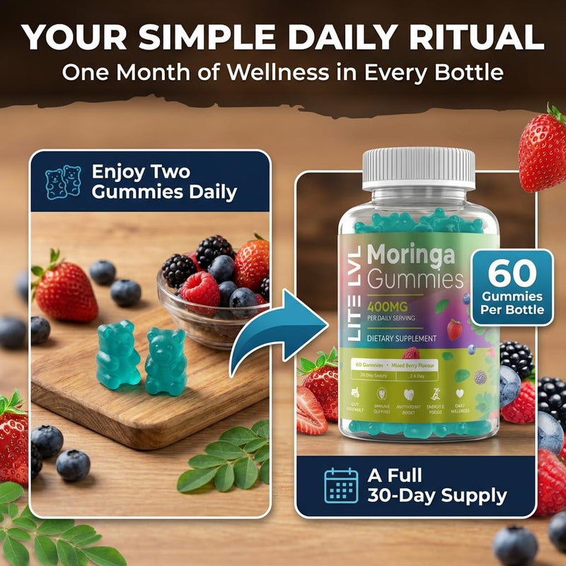 Moringa Gummies x 60 | Daily Wellness Support | Plant Based Superfood Gummies | Easy Wellness with Moringa Leaf | Powerful Antioxidants | Mixed Berry Flavour | 30 Days Supply |