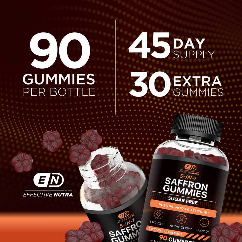 [Australia] - Saffron Gummies - Sugar Free Saffron Supplement with Vitamin D2, Passion Flower, St. John's Wort, GABA - Positive Mood, Digestion, Energy (90ct) 