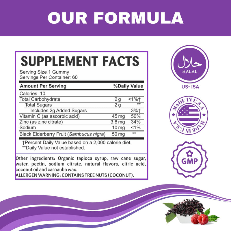 Greenfield Nutritions Halal Immune Support Elderberry Gummies for Kids - Supports Your Immune System Naturally with Halal Zinc and Vitamin C Gummy Halal Vitamins - 60 Delicious Kids Gummy Vitamins