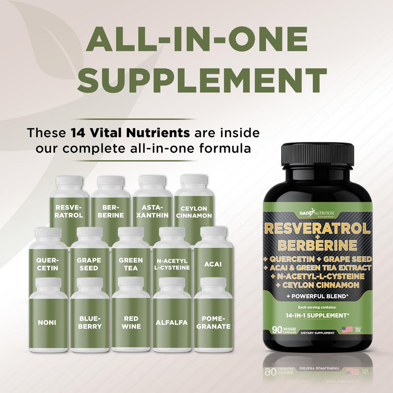 [Australia] - Gade Nutrition Resveratrol Berberine Quercetin Grape Seed Extract Green Tea Extract N-Acetyl Cysteine - 14 in 1 Complex Supplement for Women & Men with Potent Antioxidants - Made in USA 