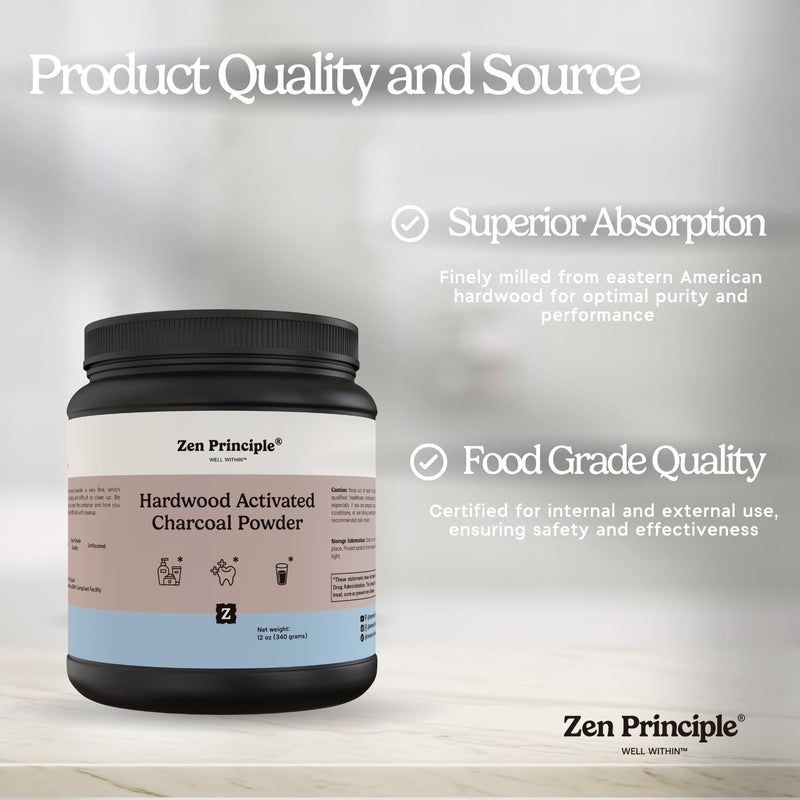 [Australia] - Zen Principle Activated Charcoal Powder only from USA Hardwood Trees. All Natural. Whitens Teeth, Rejuvenates Skin and Hair, Supports Better Digestion. Free Scoop Included. 12 oz. 