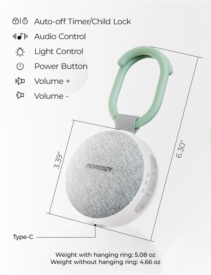 [Australia] - Momcozy Portable Sound Machine with Night Light, White Noise Sound Machine for Baby, 20 Soothing Sounds, Sound Therapy, Long-Lasting Power, Timer, Clips on Stroller, Baby Shower Gifts 