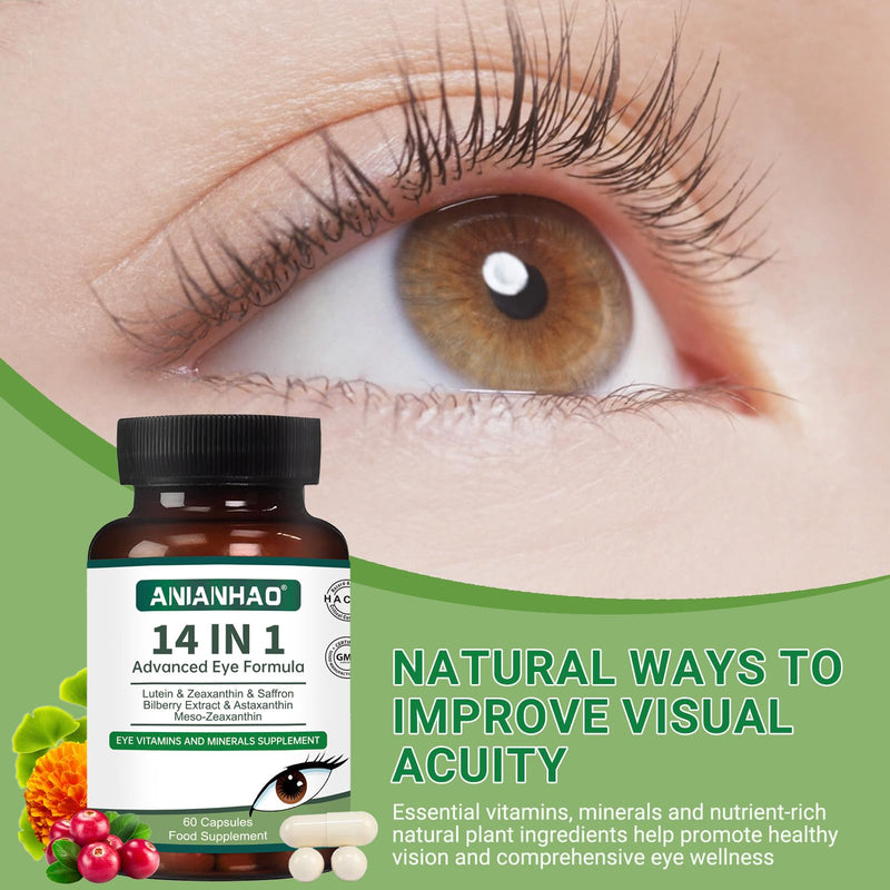 14 in 1 Advanced Eye Formula Eye Vitamins, areds 2 Eye Supplement – Eye Vitamin and Mineral Supplement with Lutein, Zeaxanthin, Zinc & Bilberry Extract – Vision & Focus Support, 60 Capsules