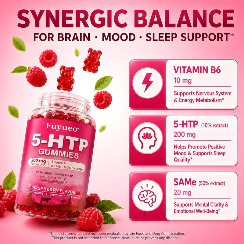 5-HTP Gummies 200mg with Same & Vitamin B6 – 5-HTP Plus S-Adenosyl Methionine for Mood & Sleep Support – Raspberry Flavor, Non-GMO, Gluten Free, 3rd Party Tested – 120 Gummies 60 Count (Pack of 2)