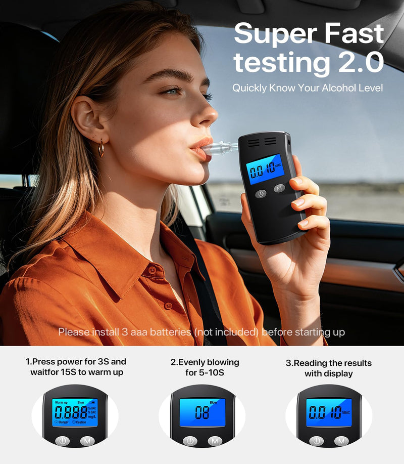Breathalyzer, 2026 Upgraded Alcohol Breathalyzer Tester with LCD Display, Portable Personal Breathalyzer for Home and Travel Use (Includes 10 Mouthpieces) (Black) | Portable Design, Home & Travel Use, Includes 10 Mouthpieces, Personal Use Black