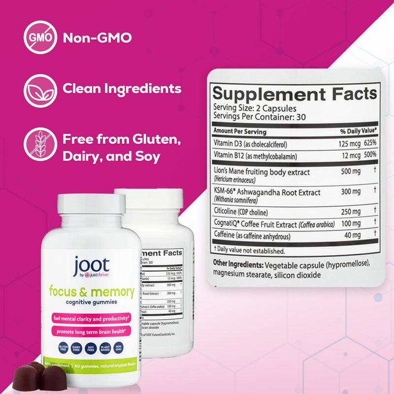 Just Thrive Focus & Memory Gummies for Clarity, Energy & Concentration | Citicoline, Lion's Mane, Vitamins B12 & D3, Nootropic gummy formula supports clarity, concentration, memory and energy 60 Gummies