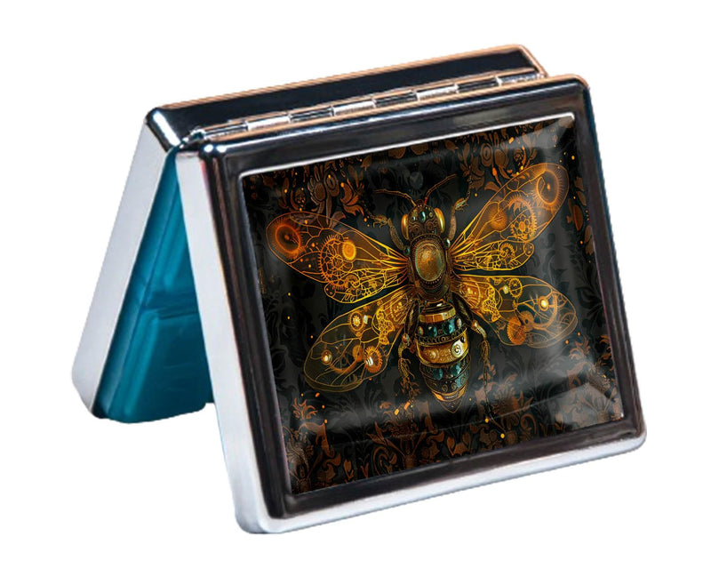 7 Days Chromed Shiny Silver Pill Organizer with Mirror Inside Has 8 Separate Compartments Rectangle Cute Travel Pill Organizer for Purse 7 Days (Bees) Bees