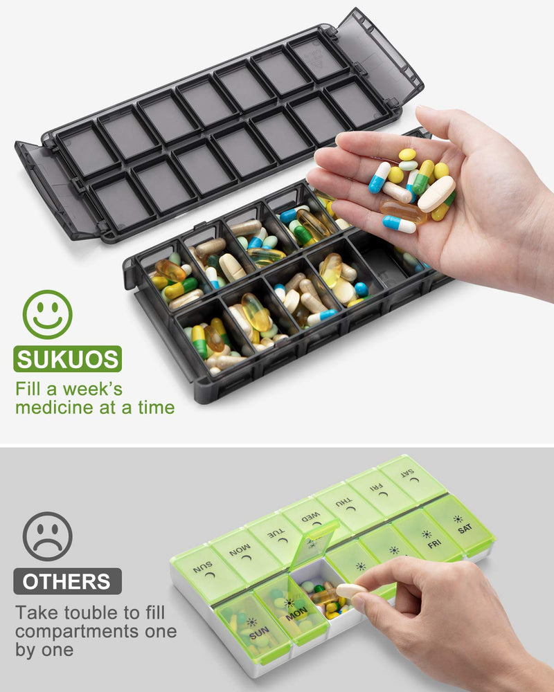 Sukuos Weekly Pill Organizer 7 Day 2 Times a Day, Quick Fill Daily Pill Box (AM PM), Extra Large Pill Cases for Vitamin/Fish Oil/Supplements, Arthritis Friendly, Easy to Clean Black