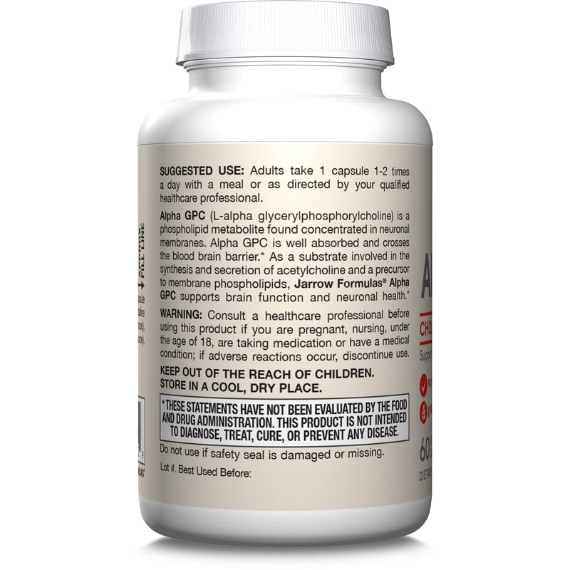 [Australia] - Jarrow Formulas Alpha GPC, 300mg, Dietary Supplement, Brain Health Supplements for Adults, 60 Veggie Capsules, 30 Day Supply 60 Count (Pack of 1) 